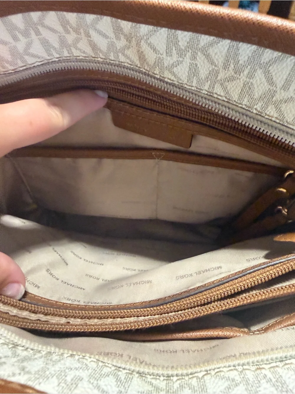 Michael Kors Jet Set Travel White Signature MK Tote with Brown Leather Trim